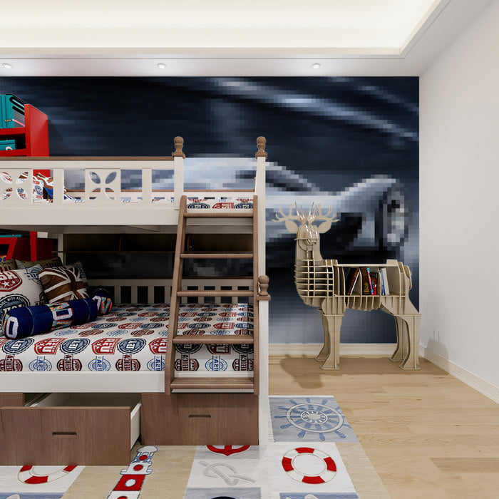 Pixelated Futuristic Car Mural Wallpaper | Low-Res Digital Art, Smooth Curves, Abstract Speed