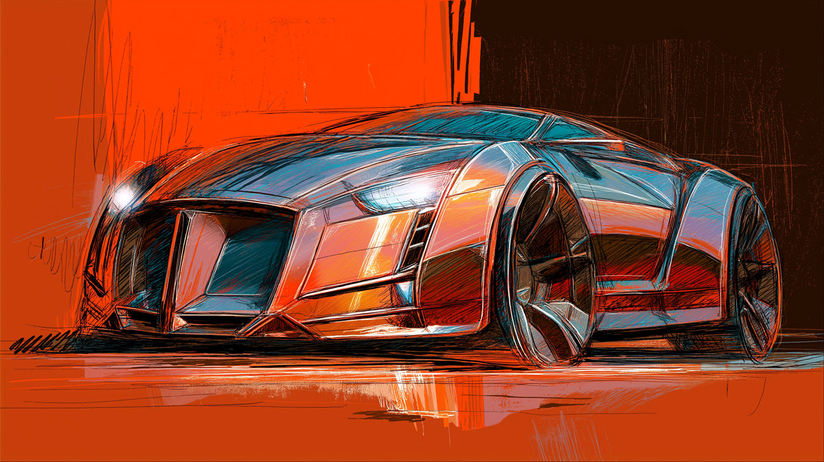 Concept Car Sketch Mural Wallpaper | High-Contrast Line Art, Red and Black, Dynamic Industrial Design