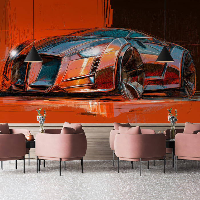 Concept Car Sketch Mural Wallpaper | High-Contrast Line Art, Red and Black, Dynamic Industrial Design