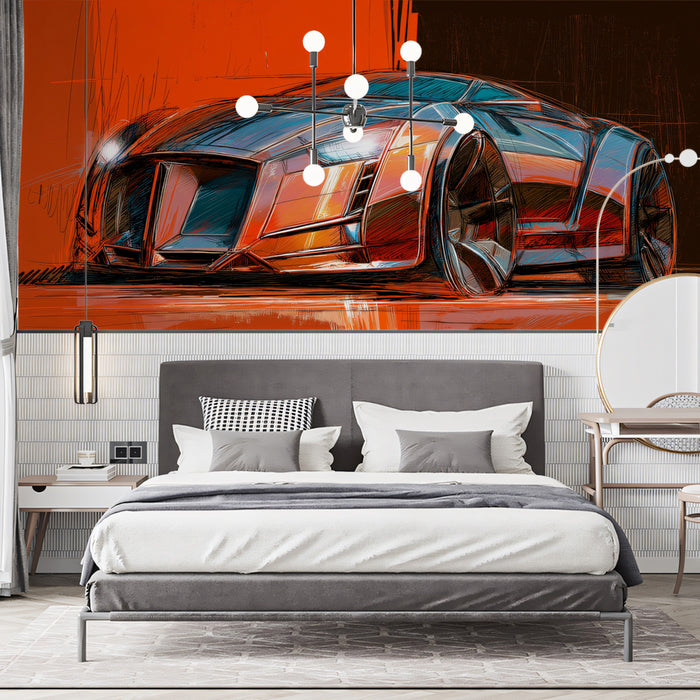 Concept Car Sketch Mural Wallpaper | High-Contrast Line Art, Red and Black, Dynamic Industrial Design