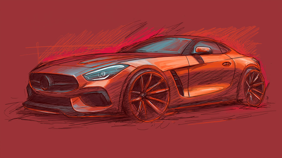 Red Sports Car Concept Sketch Mural Wallpaper | High Contrast, Dynamic Lines, Monochrome Red Aesthetic