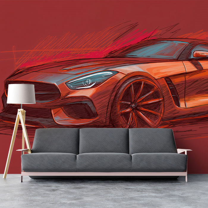 Red Sports Car Concept Sketch Mural Wallpaper | High Contrast, Dynamic Lines, Monochrome Red Aesthetic