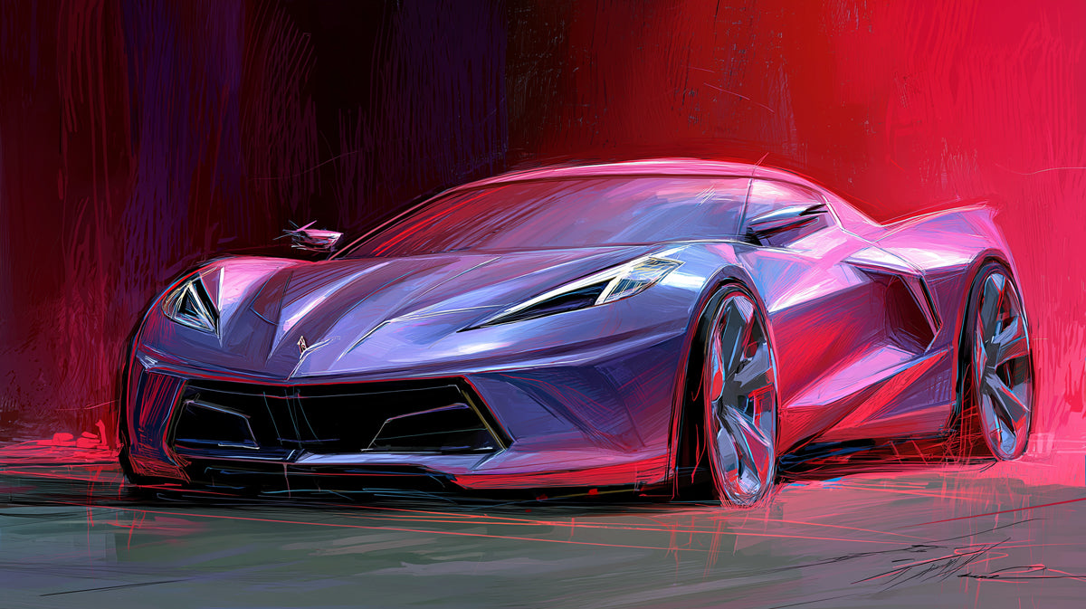 Purple Sportscar Abstract Sketch Mural Wallpaper | Neon Red Glow, Dynamic Brushwork, Electric Lighting