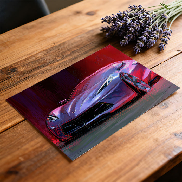 Purple Sportscar Abstract Sketch Mural Wallpaper | Neon Red Glow, Dynamic Brushwork, Electric Lighting
