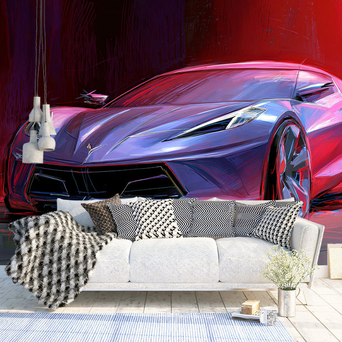 Purple Sportscar Abstract Sketch Mural Wallpaper | Neon Red Glow, Dynamic Brushwork, Electric Lighting