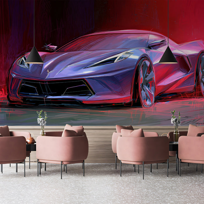 Purple Sportscar Abstract Sketch Mural Wallpaper | Neon Red Glow, Dynamic Brushwork, Electric Lighting