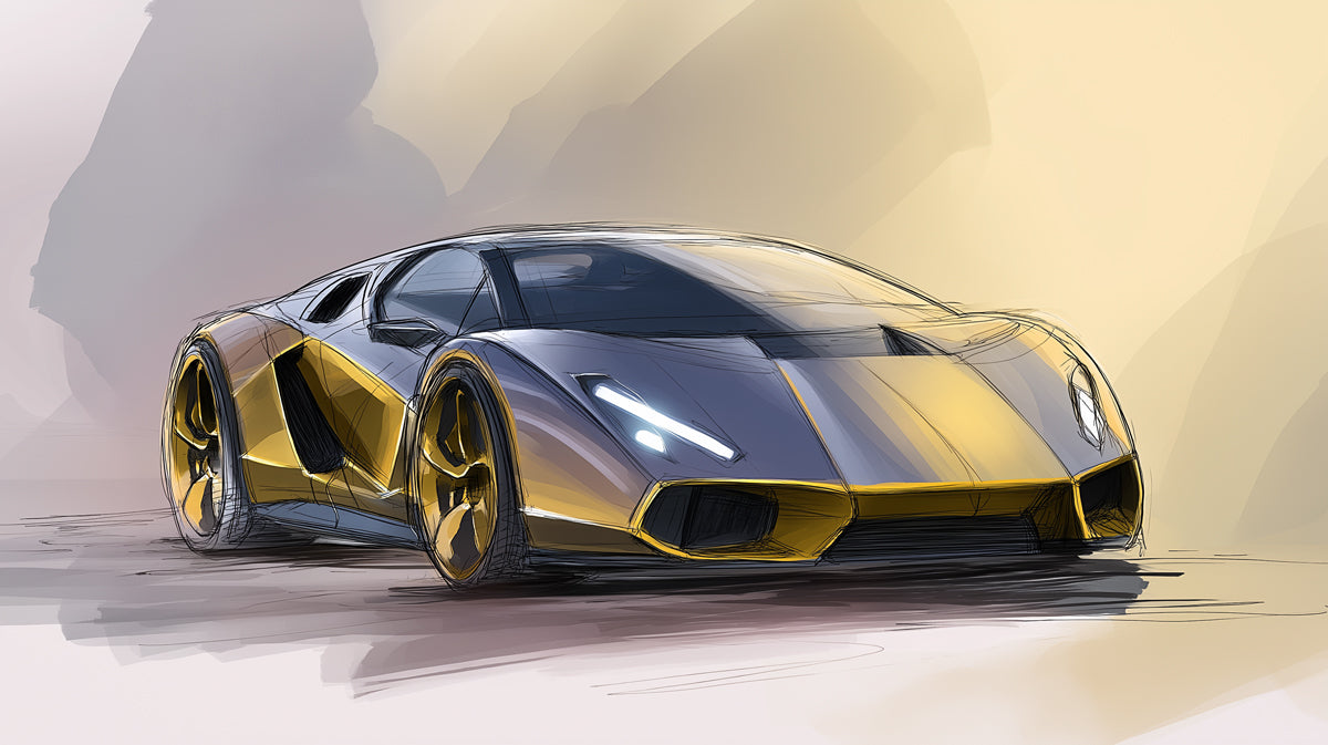 Luxury Hypercar Concept Sketch Mural Wallpaper | Gold and Gray Palette, Dynamic Hatching, Performance Focus
