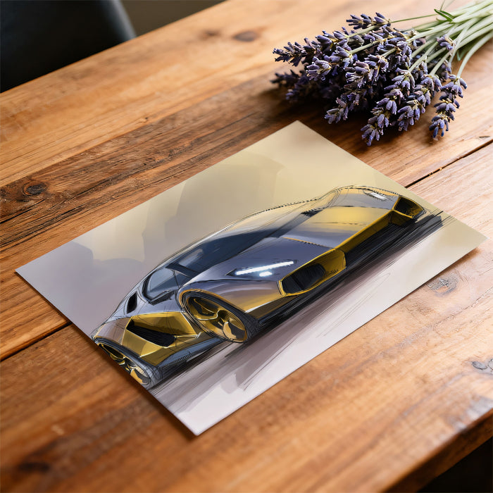 Luxury Hypercar Concept Sketch Mural Wallpaper | Gold and Gray Palette, Dynamic Hatching, Performance Focus