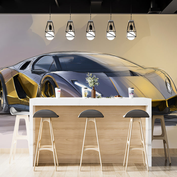 Luxury Hypercar Concept Sketch Mural Wallpaper | Gold and Gray Palette, Dynamic Hatching, Performance Focus