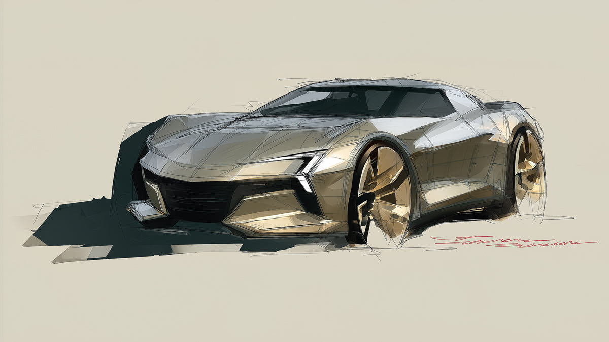 Abstract Sportscar Design Sketch Mural Wallpaper | Gold and Gray Tones, Clean Lines, Automotive Concept Art