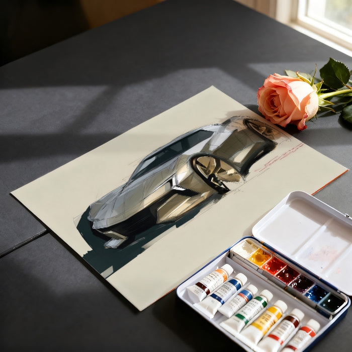 Abstract Sportscar Design Sketch Mural Wallpaper | Gold and Gray Tones, Clean Lines, Automotive Concept Art