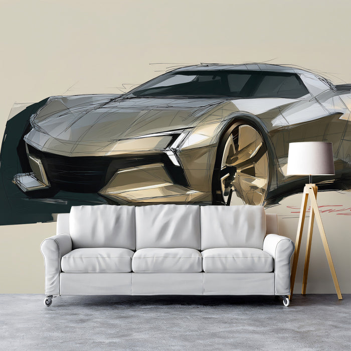 Abstract Sportscar Design Sketch Mural Wallpaper | Gold and Gray Tones, Clean Lines, Automotive Concept Art