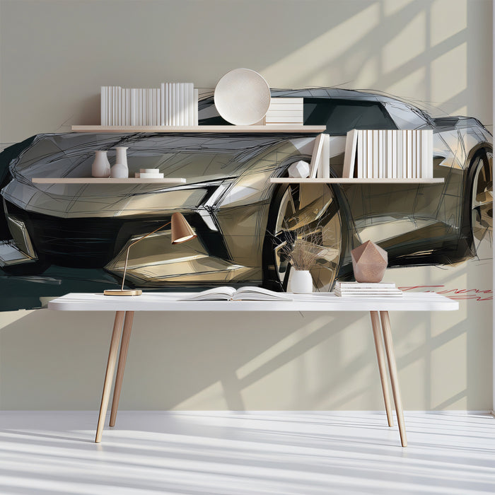 Abstract Sportscar Design Sketch Mural Wallpaper | Gold and Gray Tones, Clean Lines, Automotive Concept Art