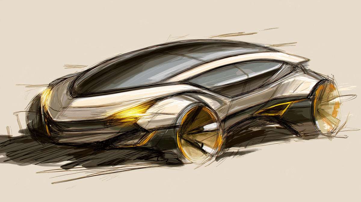 Futuristic Concept Car Sketch Mural Wallpaper | Warm Golden Lights, Sleek Curves, Ethereal Design Art