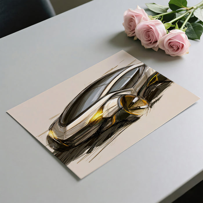 Futuristic Concept Car Sketch Mural Wallpaper | Warm Golden Lights, Sleek Curves, Ethereal Design Art