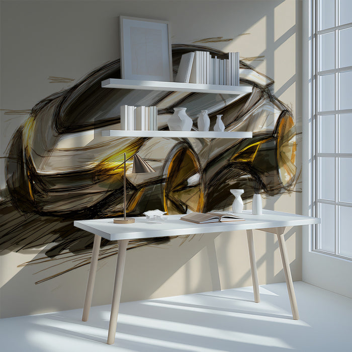 Futuristic Concept Car Sketch Mural Wallpaper | Warm Golden Lights, Sleek Curves, Ethereal Design Art