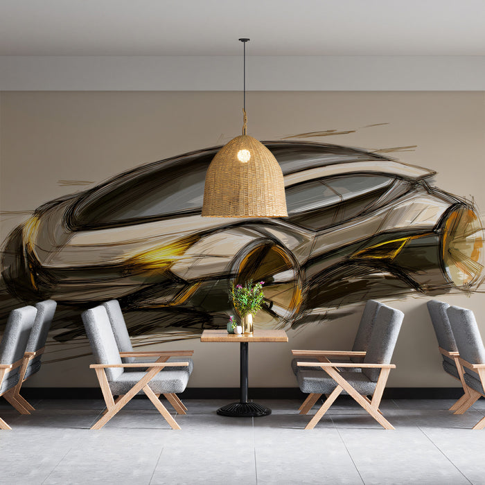 Futuristic Concept Car Sketch Mural Wallpaper | Warm Golden Lights, Sleek Curves, Ethereal Design Art