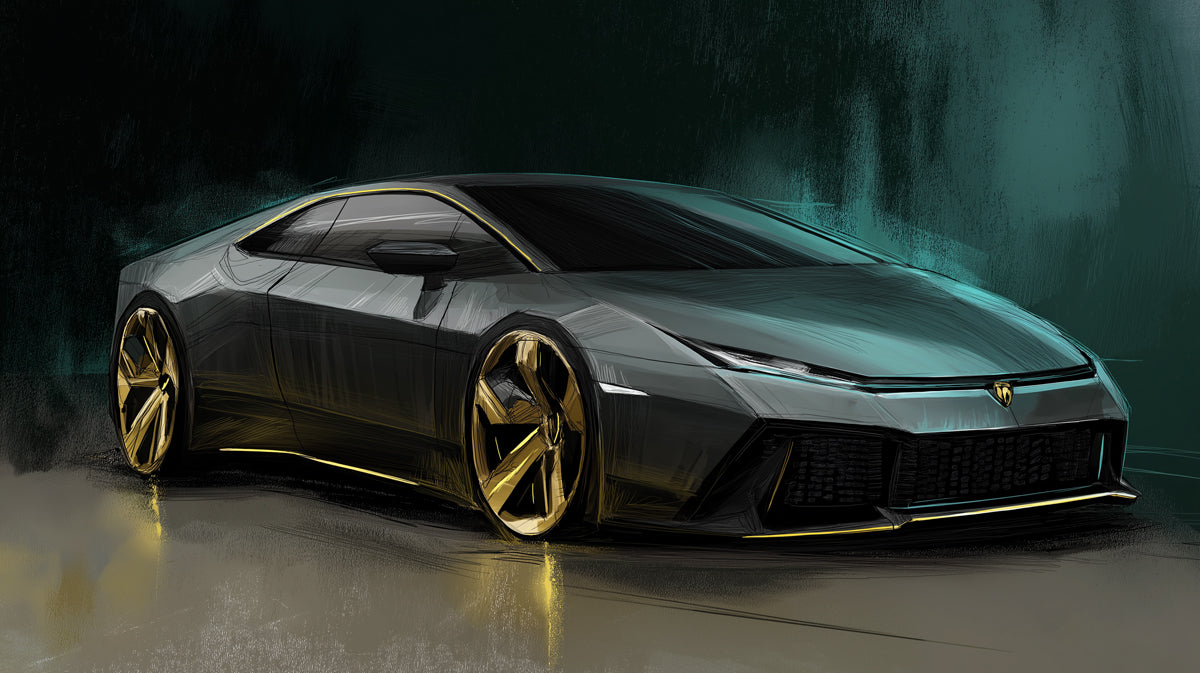 Dark Green Hypercar Concept Sketch Mural Wallpaper | Gold Accents, Dynamic Lines, High-End Automotive Art