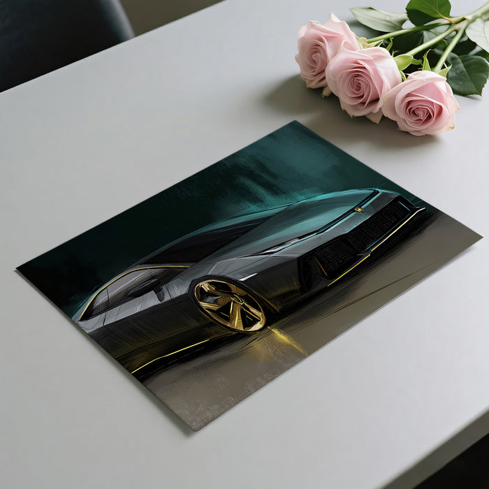 Dark Green Hypercar Concept Sketch Mural Wallpaper | Gold Accents, Dynamic Lines, High-End Automotive Art