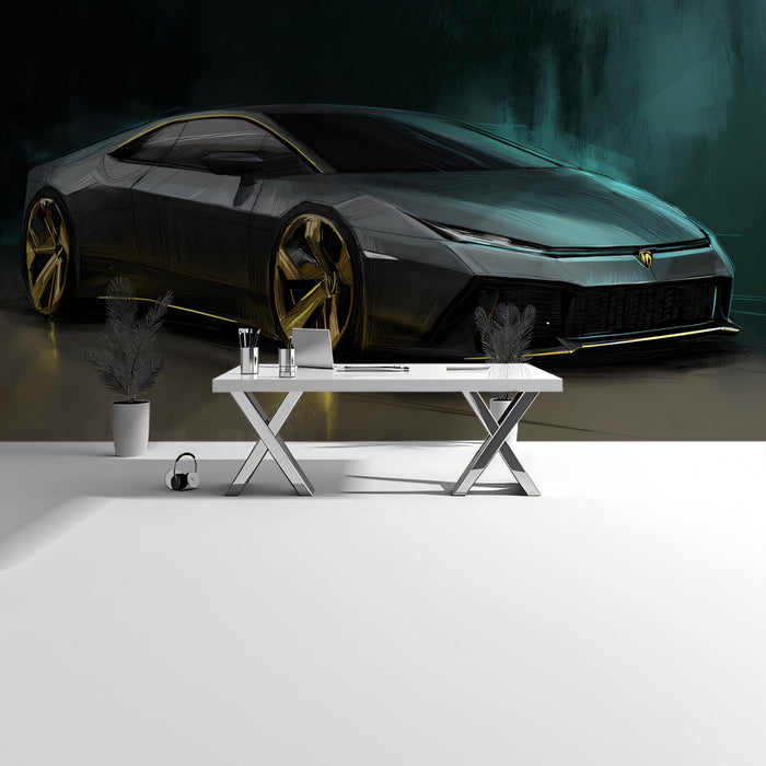 Dark Green Hypercar Concept Sketch Mural Wallpaper | Gold Accents, Dynamic Lines, High-End Automotive Art