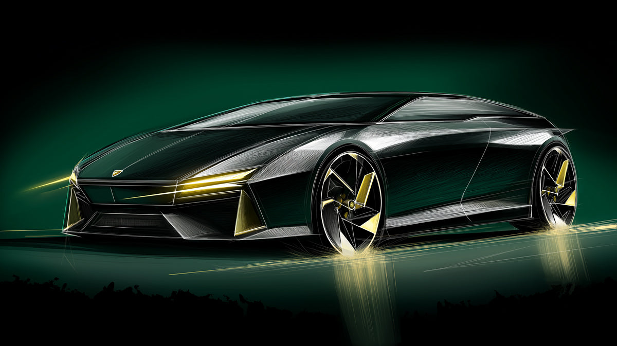 Black and Gold Electric Sportscar Mural Wallpaper | Neon Headlights, Dark Teal Backdrop, Futuristic Design