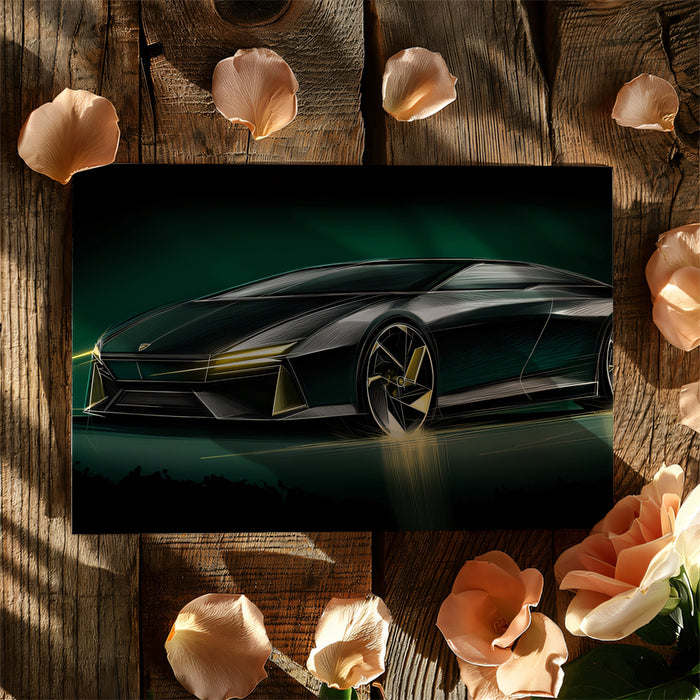 Black and Gold Electric Sportscar Mural Wallpaper | Neon Headlights, Dark Teal Backdrop, Futuristic Design