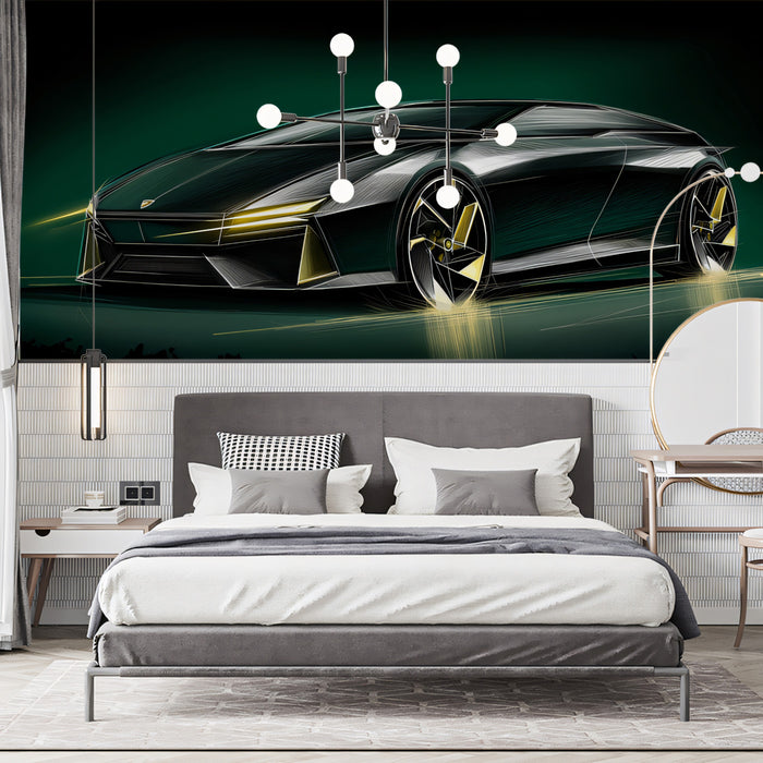 Black and Gold Electric Sportscar Mural Wallpaper | Neon Headlights, Dark Teal Backdrop, Futuristic Design