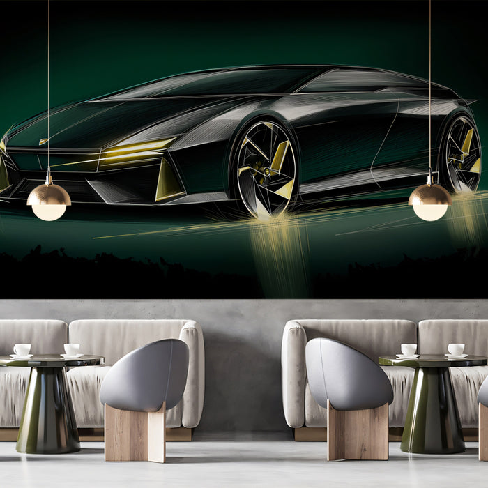 Black and Gold Electric Sportscar Mural Wallpaper | Neon Headlights, Dark Teal Backdrop, Futuristic Design