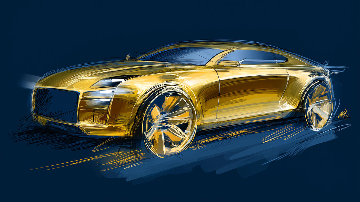Golden Luxury Sportscar Sketch Mural Wallpaper | Bold Yellow Finish, Dark Blue Contrast, Dynamic Line Art