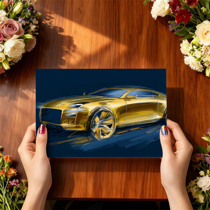 Golden Luxury Sportscar Sketch Mural Wallpaper | Bold Yellow Finish, Dark Blue Contrast, Dynamic Line Art