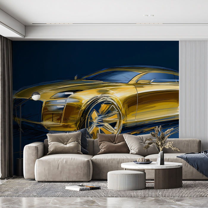 Golden Luxury Sportscar Sketch Mural Wallpaper | Bold Yellow Finish, Dark Blue Contrast, Dynamic Line Art