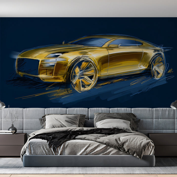 Golden Luxury Sportscar Sketch Mural Wallpaper | Bold Yellow Finish, Dark Blue Contrast, Dynamic Line Art
