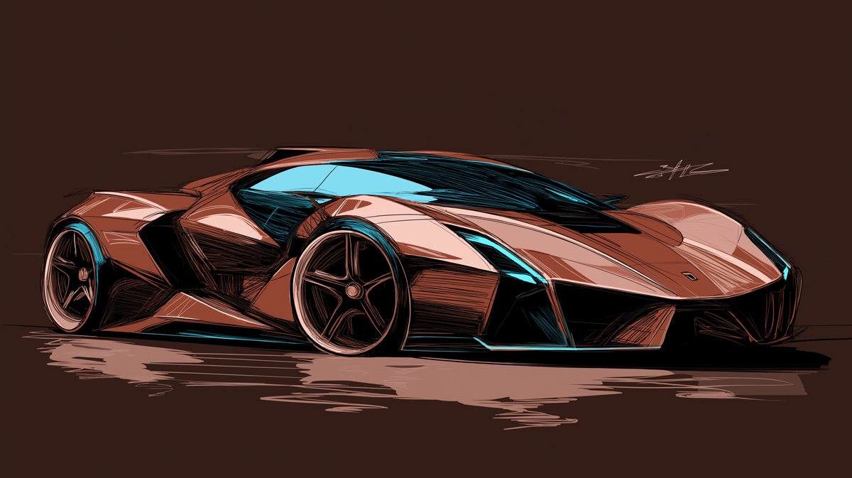Sepia Sportscar Concept Sketch Mural Wallpaper | Blue Light Accents, Aggressive Lines, Monochrome Brown Aesthetic