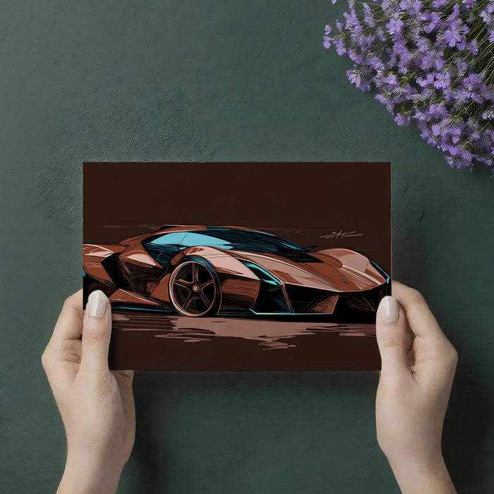 Sepia Sportscar Concept Sketch Mural Wallpaper | Blue Light Accents, Aggressive Lines, Monochrome Brown Aesthetic