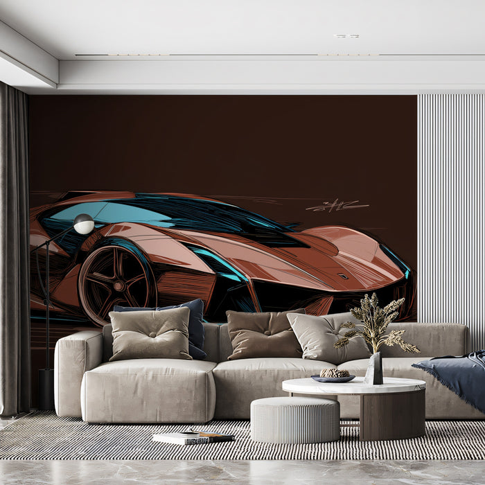 Sepia Sportscar Concept Sketch Mural Wallpaper | Blue Light Accents, Aggressive Lines, Monochrome Brown Aesthetic