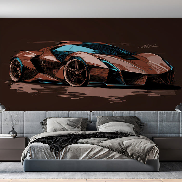 Sepia Sportscar Concept Sketch Mural Wallpaper | Blue Light Accents, Aggressive Lines, Monochrome Brown Aesthetic