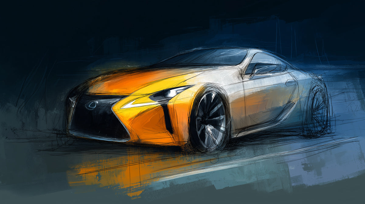 Orange Sportscar Concept Sketch Mural Wallpaper | Dynamic Brushwork, Yellow and Blue Contrast, Speed Focus