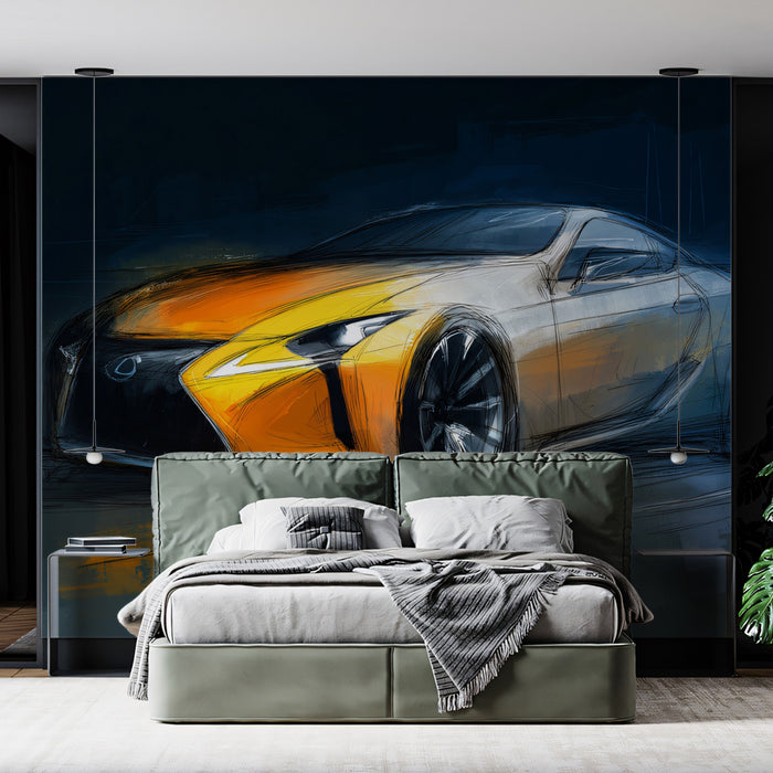 Orange Sportscar Concept Sketch Mural Wallpaper | Dynamic Brushwork, Yellow and Blue Contrast, Speed Focus