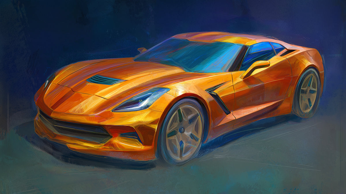 Orange Sports Car Impressionist Mural Wallpaper | Vibrant Expressionism, High Texture, Cool Shadow Contrast