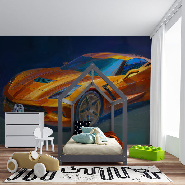 Orange Sports Car Impressionist Mural Wallpaper | Vibrant Expressionism, High Texture, Cool Shadow Contrast