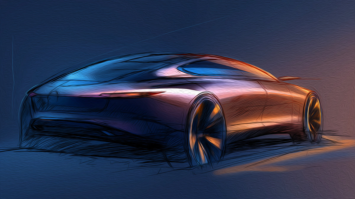 Futuristic Coupe Neon Sketch Mural Wallpaper | Blue and Orange Light, Dynamic Curves, Dark Backdrop