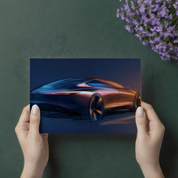 Futuristic Coupe Neon Sketch Mural Wallpaper | Blue and Orange Light, Dynamic Curves, Dark Backdrop