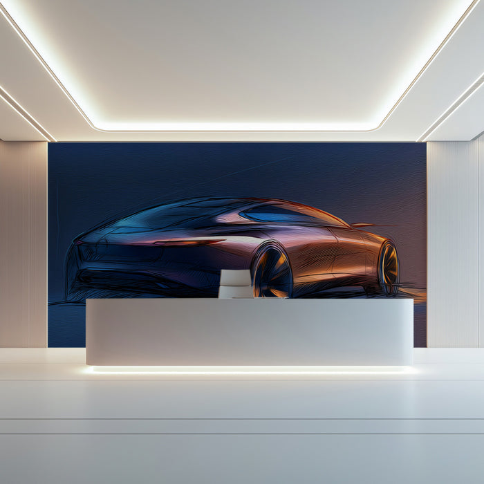 Futuristic Coupe Neon Sketch Mural Wallpaper | Blue and Orange Light, Dynamic Curves, Dark Backdrop