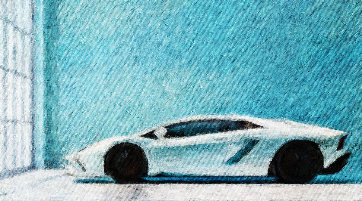 White Sportscar Teal Room Mural Wallpaper | Abstract Oil Paint, High Texture, Cool Blue Contrast