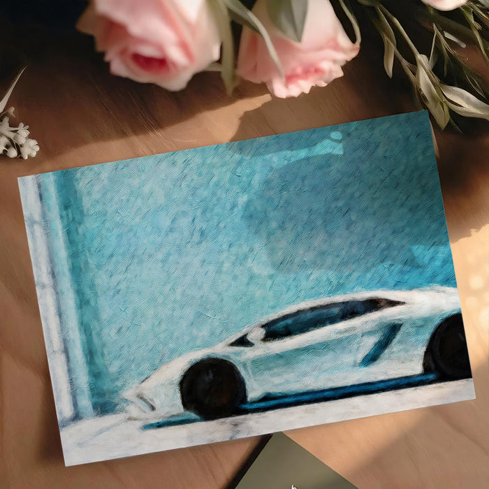 White Sportscar Teal Room Mural Wallpaper | Abstract Oil Paint, High Texture, Cool Blue Contrast