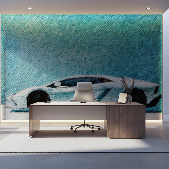 White Sportscar Teal Room Mural Wallpaper | Abstract Oil Paint, High Texture, Cool Blue Contrast
