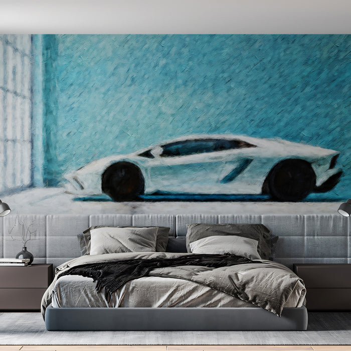 White Sportscar Teal Room Mural Wallpaper | Abstract Oil Paint, High Texture, Cool Blue Contrast