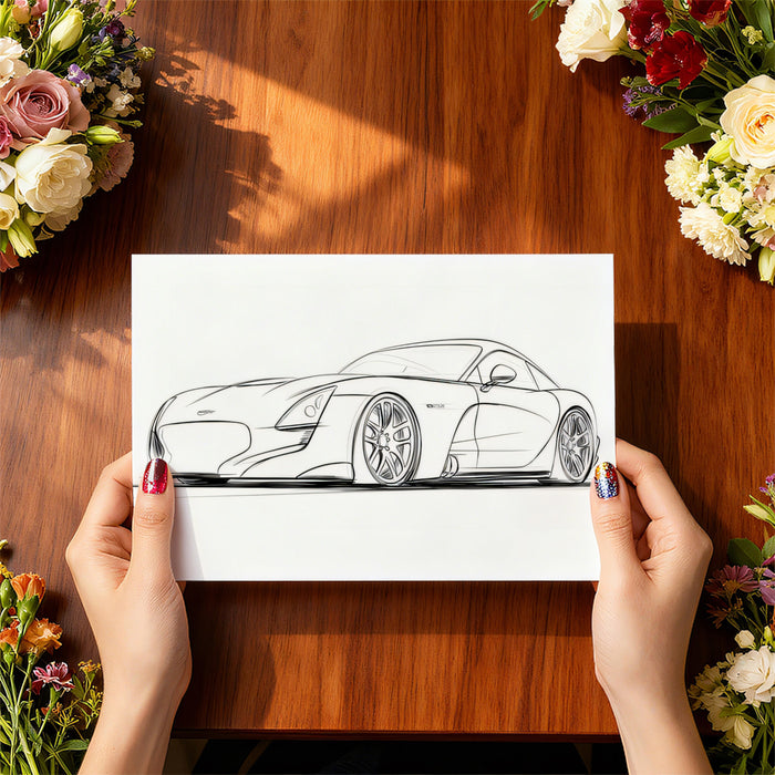 Modern Sports Coupe Line Art Mural Wallpaper | Minimalist Sketch, Clean White Background, Dynamic Profile