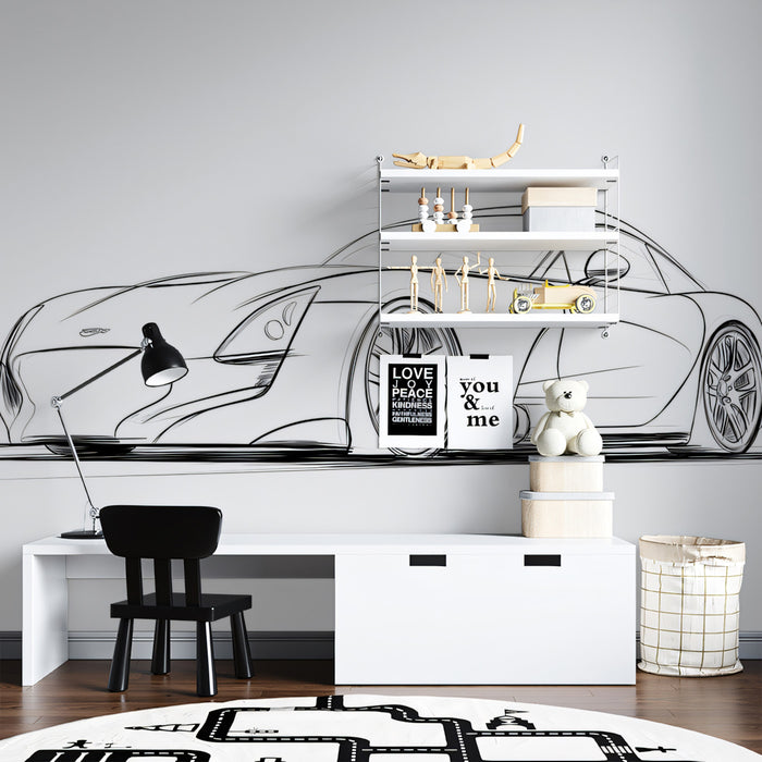 Modern Sports Coupe Line Art Mural Wallpaper | Minimalist Sketch, Clean White Background, Dynamic Profile