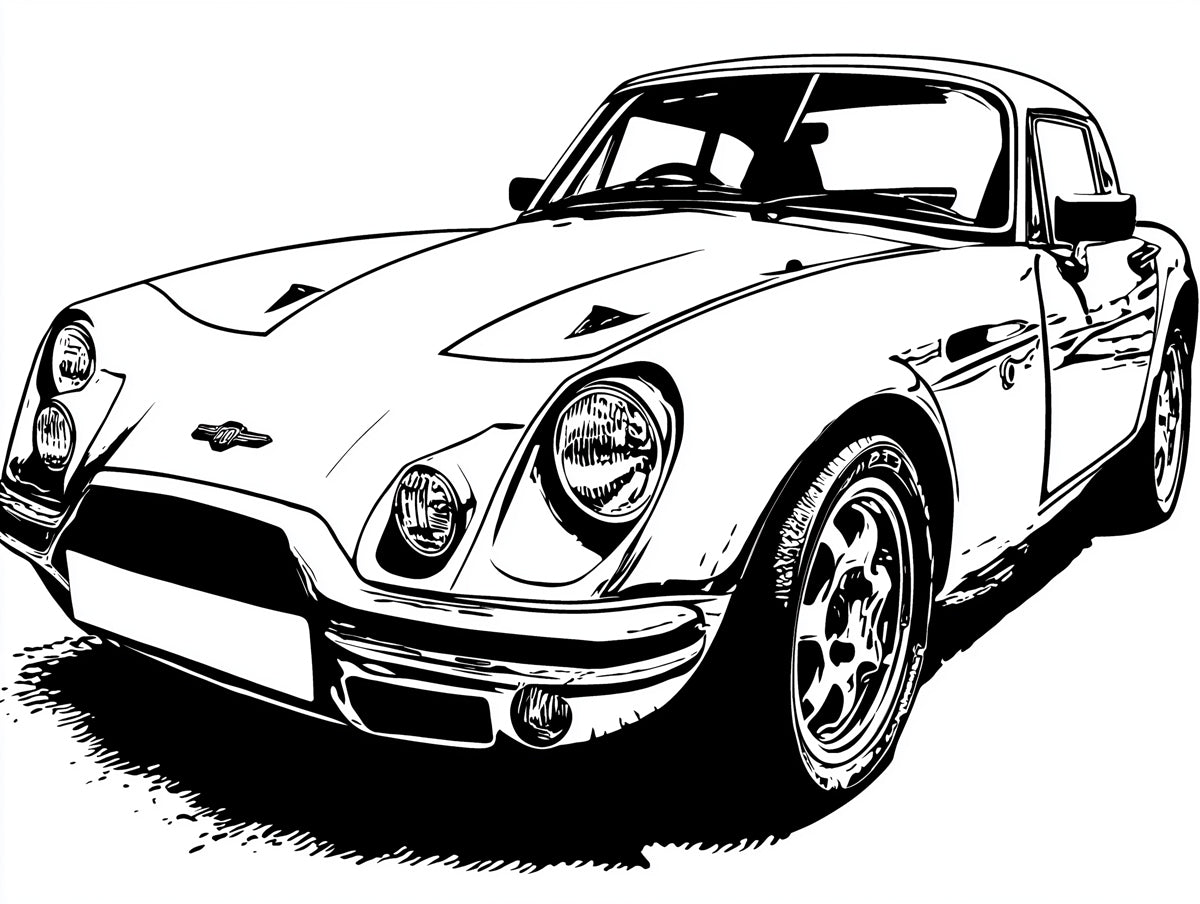 Classic Sports Car Ink Sketch Mural Wallpaper | High Contrast, Black and White, Retro Automotive Art